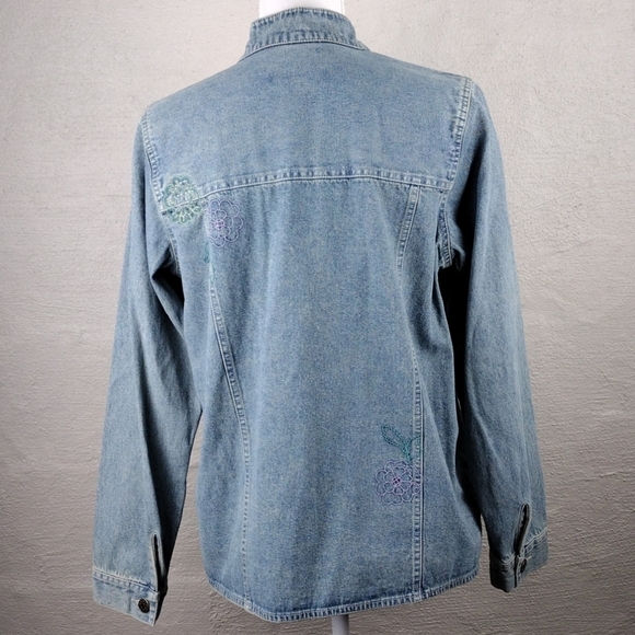 Denim & Co. Vintage Light Blue Embroidered High Collar Button Up Denim Shacket - Picture 8 of 14
